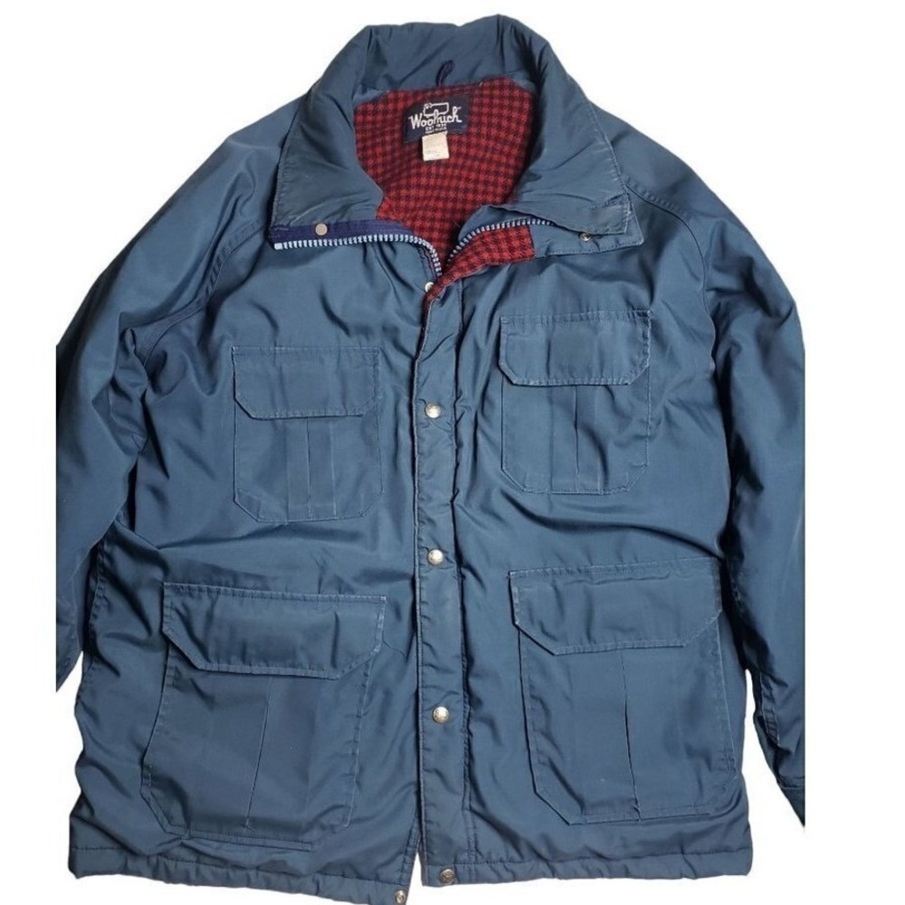 Woolrich Mens‎ Mountain Parka Jacket Blue Houndstooth Wool Lined Large VTG USA